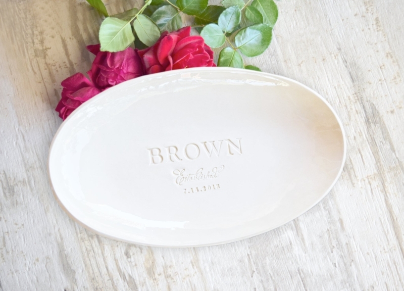 Personalized Ceramic Serving Bowl Engraved Floral Cream