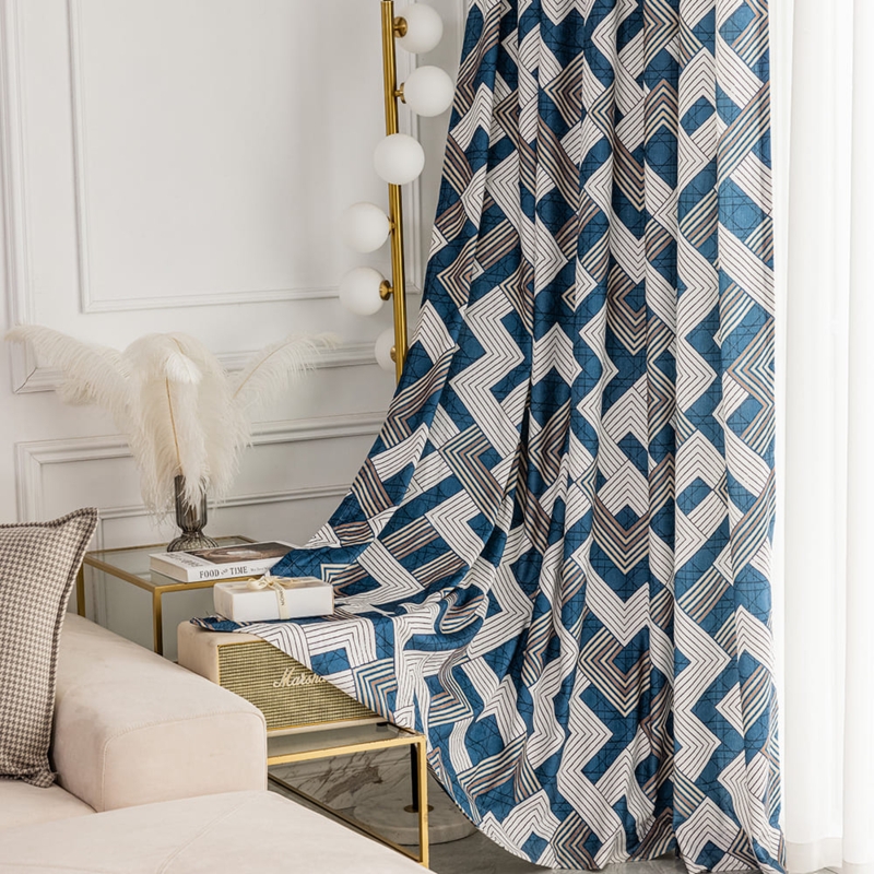 Pinch Pleat Curtains, Navy Blue Geometric Pattern, Tailored Bedroom Drapes