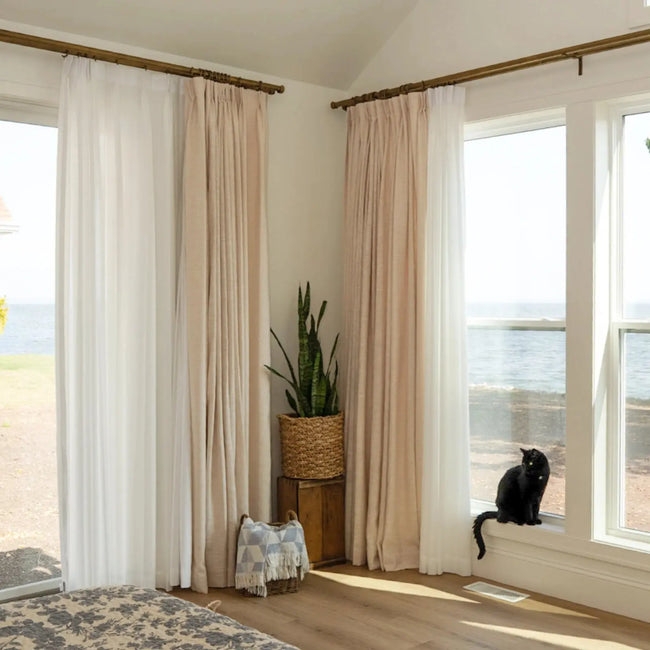 Pinch Pleat Curtains Warm Tan Woven Fabric Tailored Drapes (64 chars)
