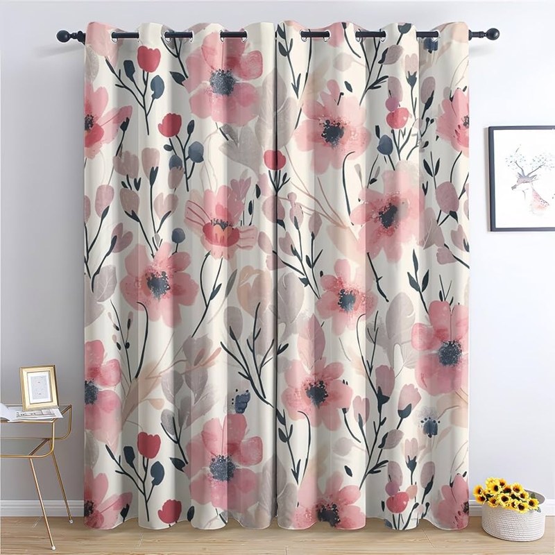 Pink Botanical Print Window Curtains Grommet Header Room Darkening Drapes