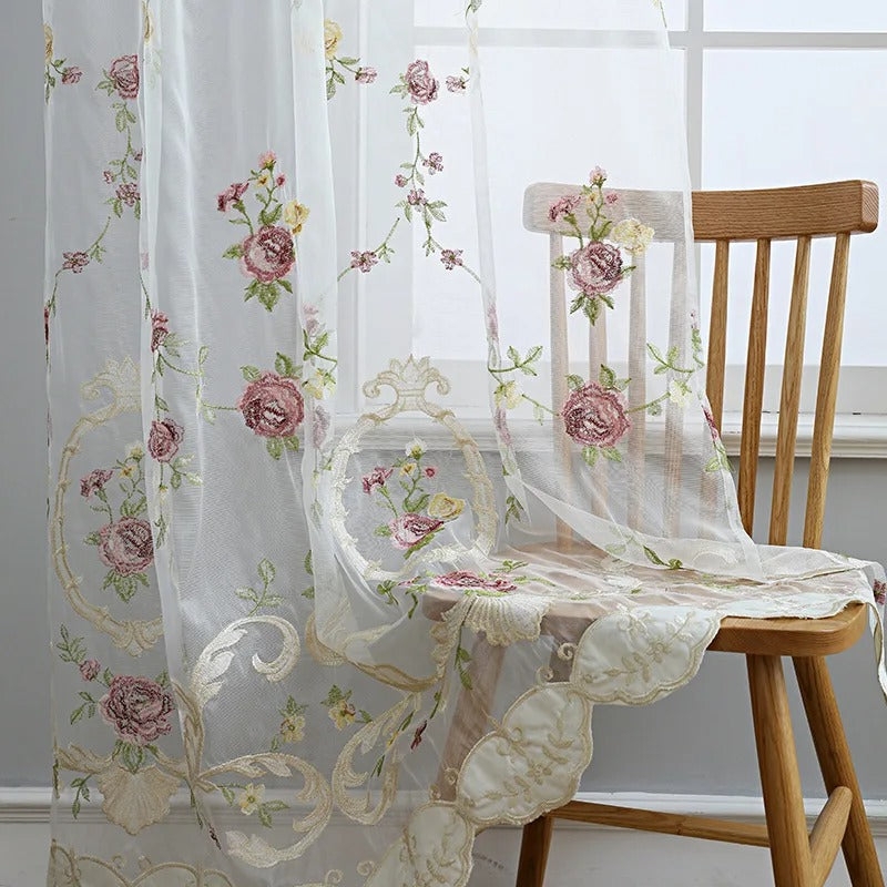 Pink Floral Curtains Embroidery Scalloped Hem Sheer White Romantic
