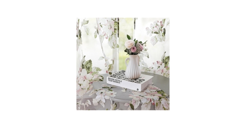 Pink Floral Print Sheer Curtains Sage Green Leaves Botanical Light Filtering