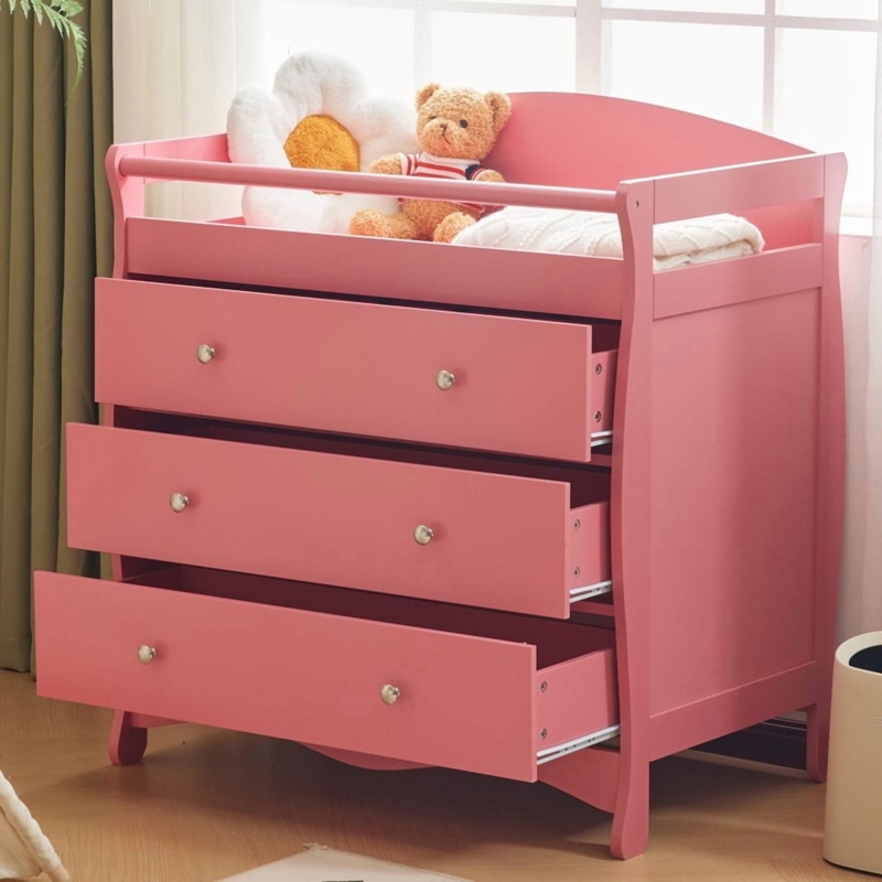 Pink Nursery Storage Dresser with Safety Rails and Recessed Handles