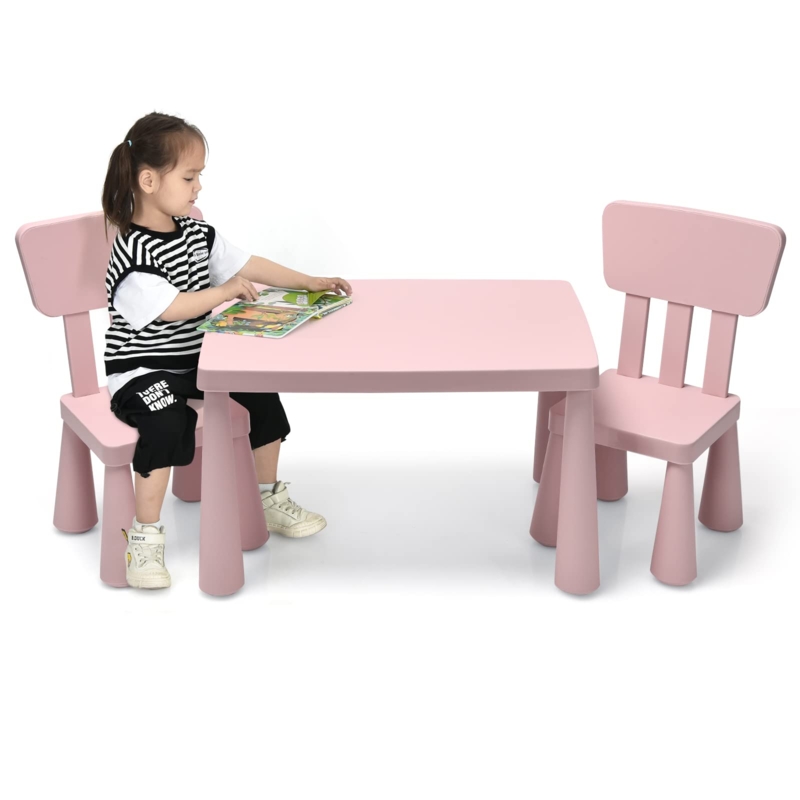 Pink Plastic Kids Table Set Lightweight Molded Design Cut Out Back