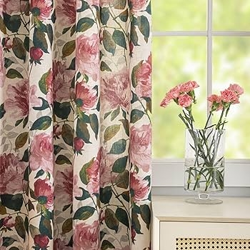 Pink Rose Pattern Curtains Semi-Sheer Linen Cottagecore Window Treatment Ideas
