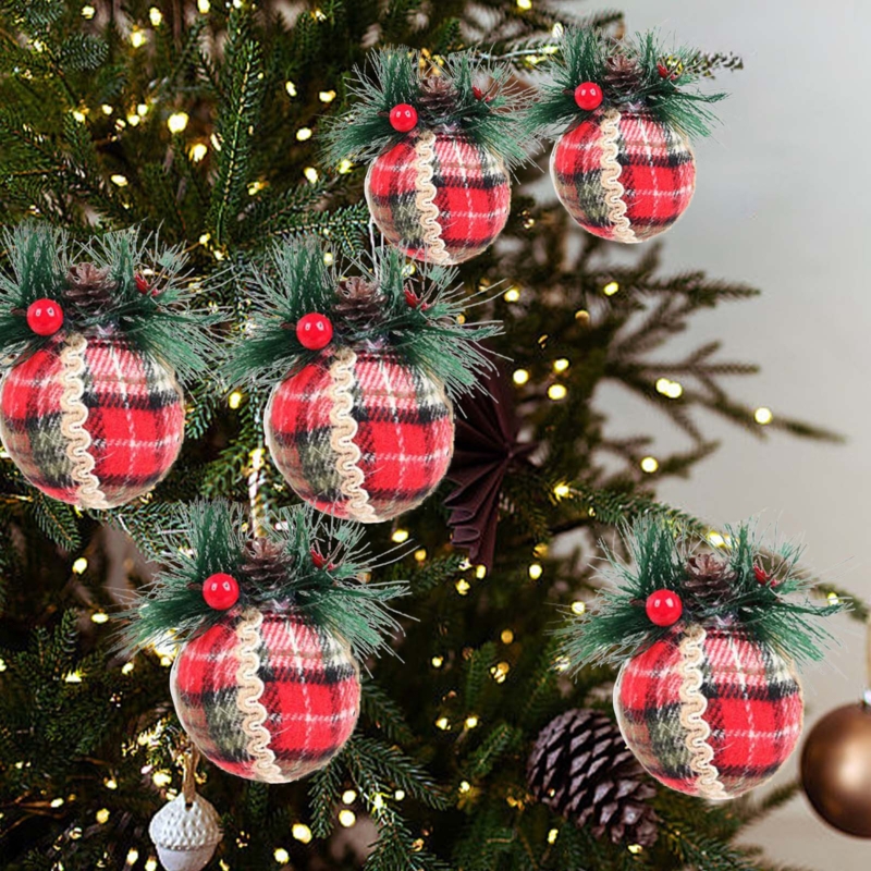 Plaid Christmas Ornaments: Fabric Wrapped Balls Topped with Rustic Pinecones.