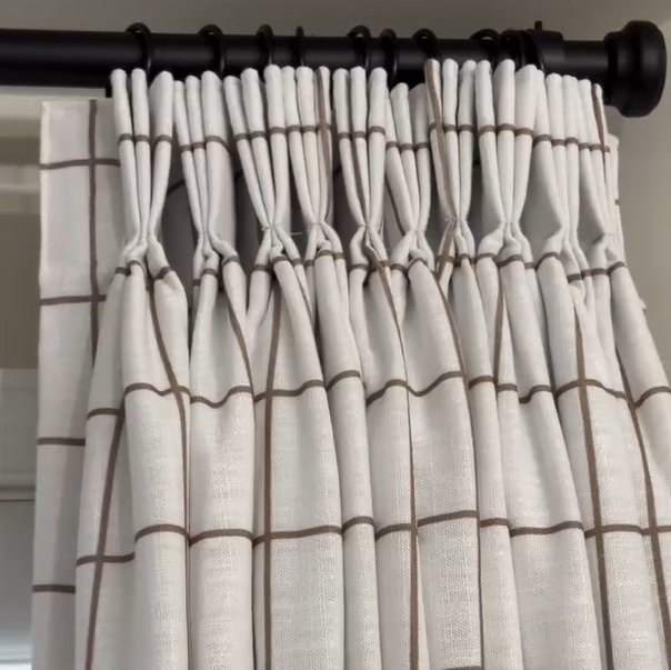 Plaid Linen Curtains, Tan Stripes, Pinch Pleat Header, Floor Length