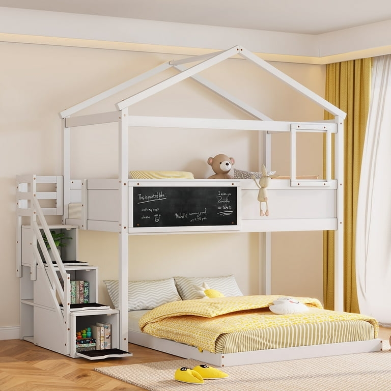 Playful House Bunk Bed with Storage Stairs, Desk, and Blackboard
