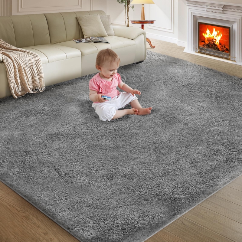 Plush Area Rug Grey Shag High Pile Cozy Modern Living Room