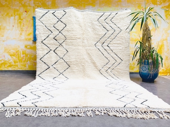 Plush Beni Ourain Area Rug Braided Fringe Shaggy Diamond Cream