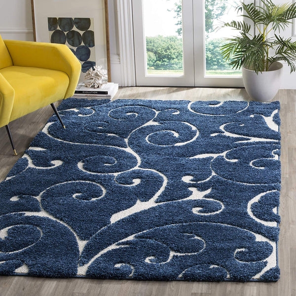 Plush Navy & Light Blue Shag Area Rug with Abstract Swirls