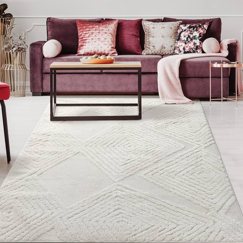 Plush Shag Area Rug Cream Charcoal Diamond High Low Pile Transitional