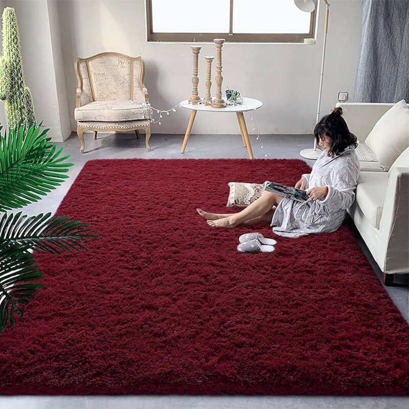 Plush Shag Area Rug High Pile Burgundy Solid Color