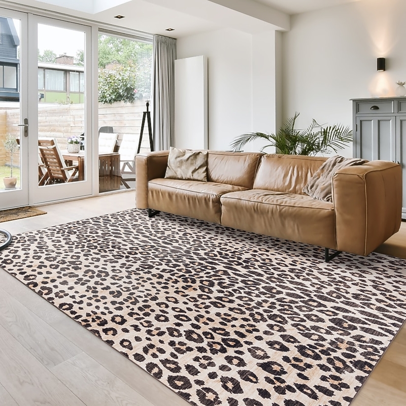 Polyester Area Rug, Classic Leopard Print, Beige & Black, Low Pile