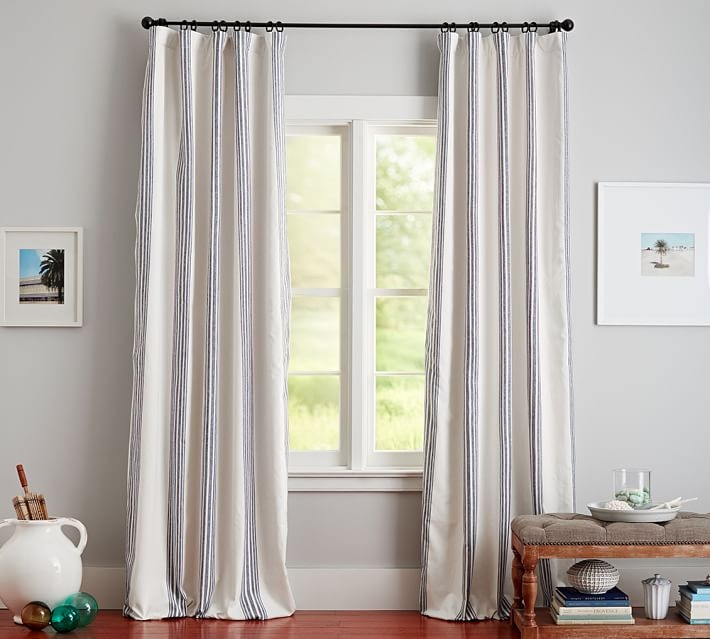 Porcelain Blue Horizontal Stripe Blackout Curtains Coastal Bedroom Decor