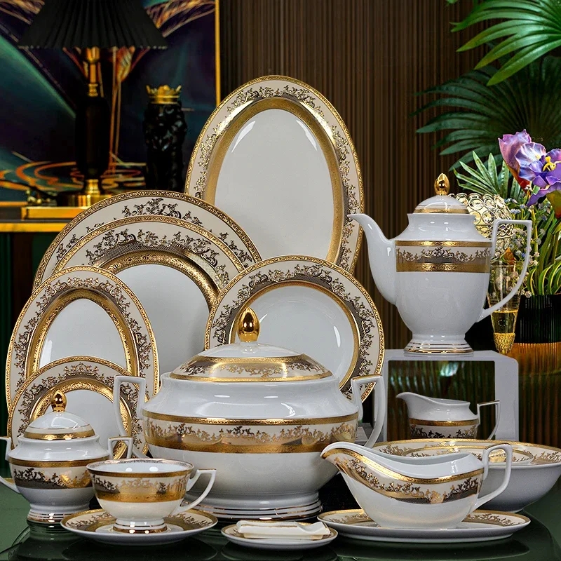 Porcelain Dinnerware Set Ornate Gold Filigree Pattern