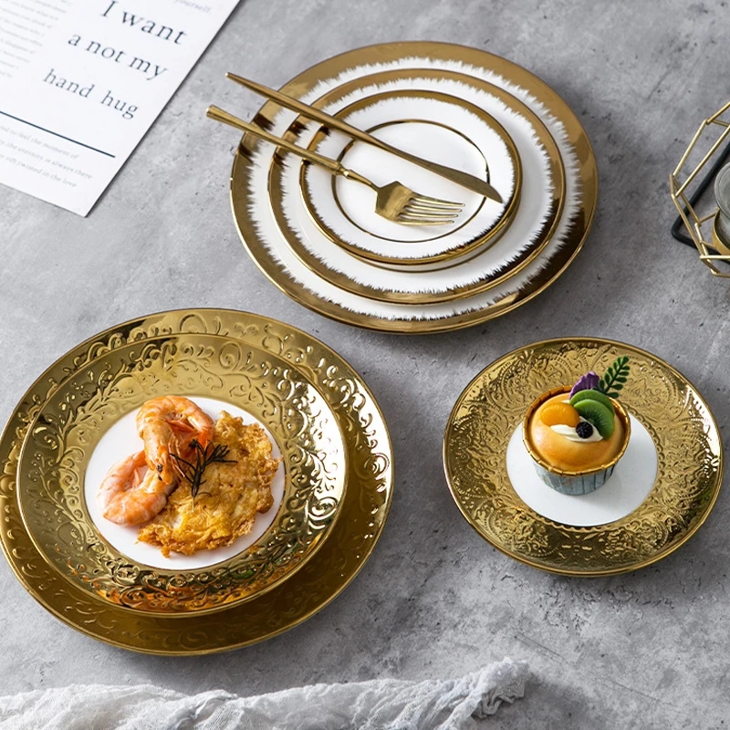 Porcelain Dinnerware Set Scalloped Gold Rim Radial Texture