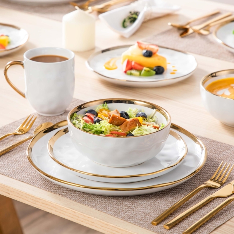 Porcelain Dinnerware Set Stark White Minimalist Gold Border