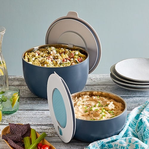 Portable Serving Bowl with Lid, Integrated Utensils, Teal, Ribbed