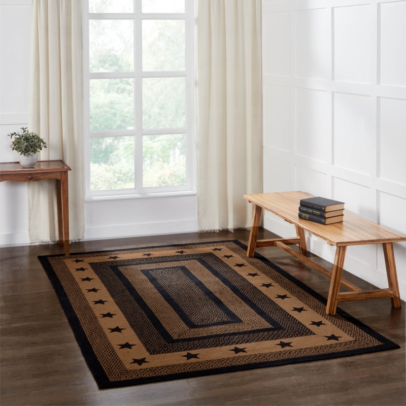 Primitive Farmhouse Braided Rug with Stenciled Stars, Burgundy Accents