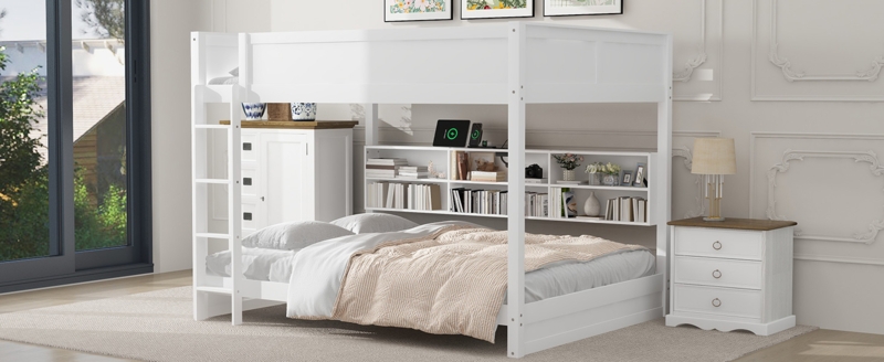 Queen Bunk Bed with Staircase Drawers and Integrated Cubbies White Finish
