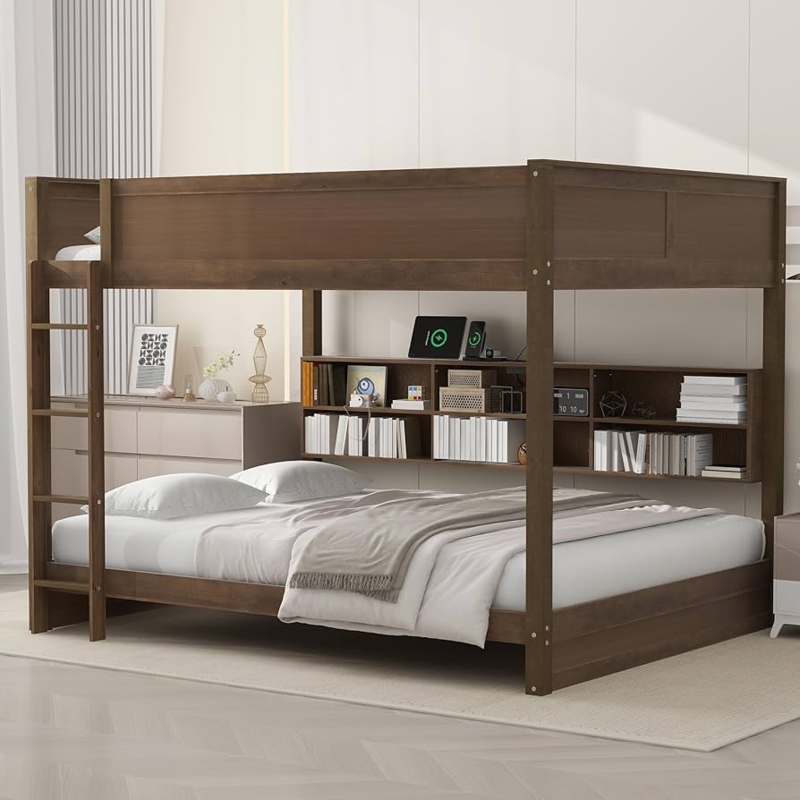 Queen Bunk Bed with Storage Staircase and Antique Wood Finish