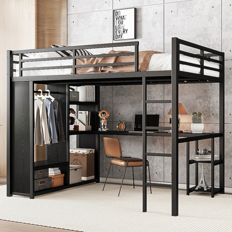 Queen Loft Bed Black Metal with Integrated Desk and Hanging Rod Wardrobe