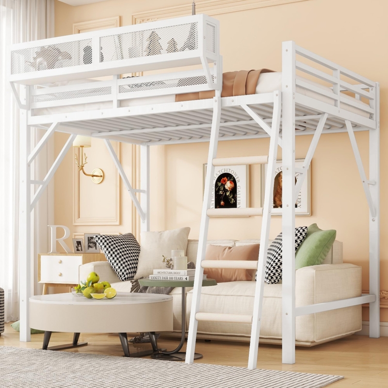 Queen Loft Bed Industrial Metal Frame with Integrated Shelving