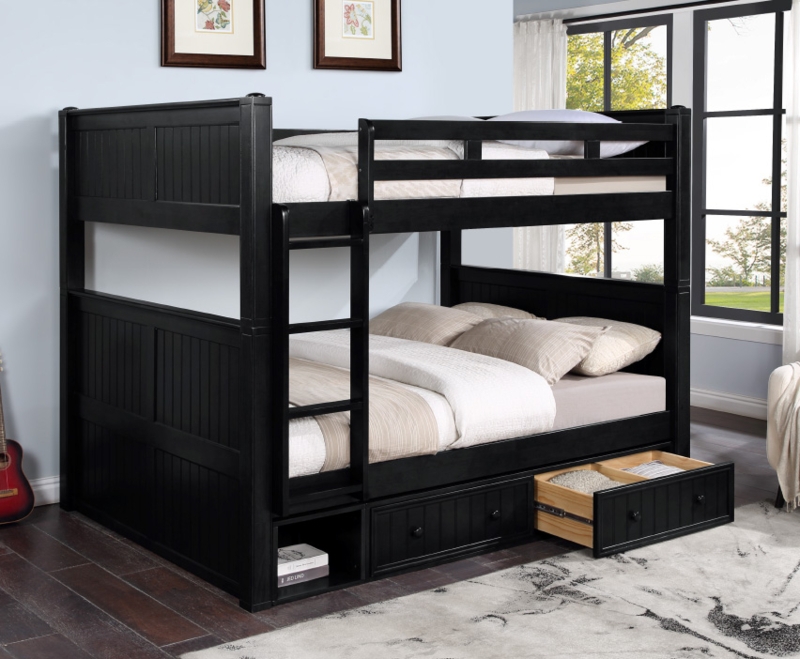 Queen over Queen Bunk Bed, Black Wood & Vertical Ladder