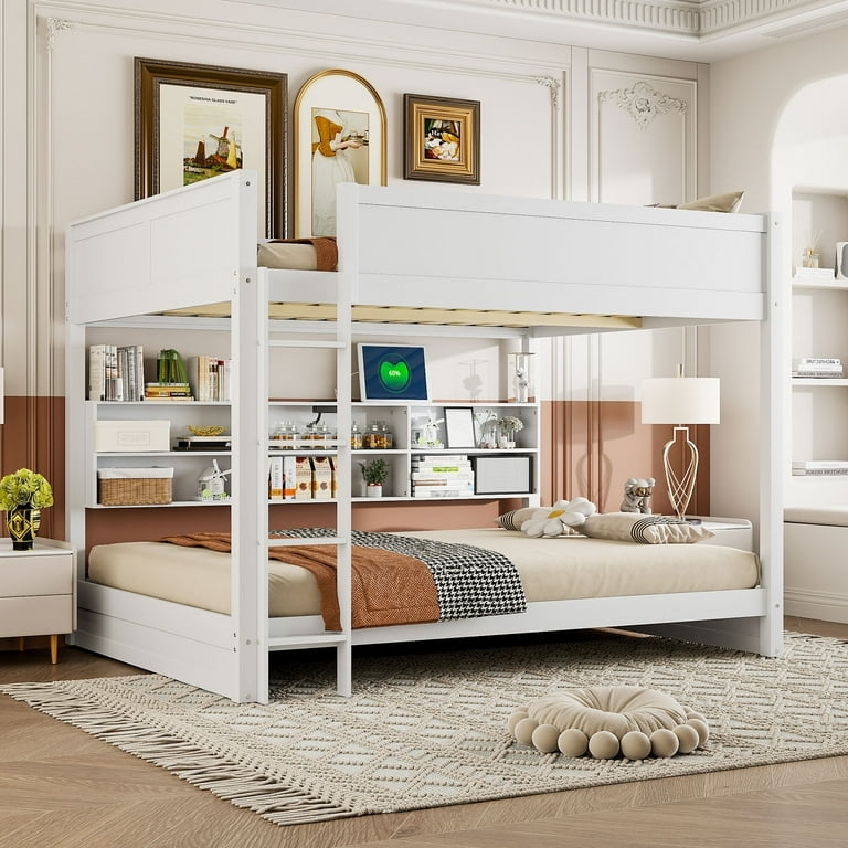 Queen Over Queen Bunk Bed White with Bookcase and USB Ports