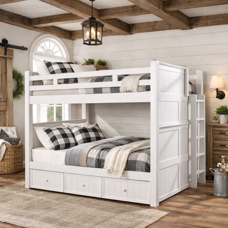 Queen Over Queen Bunk Bed with Staircase Storage in White