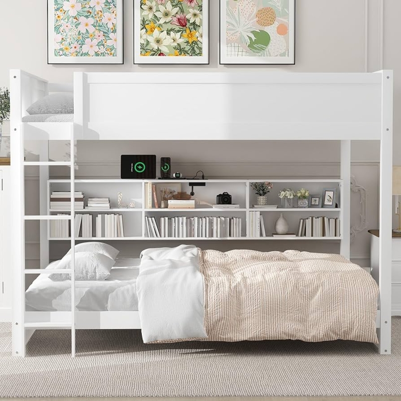 Queen Over Queen Bunk Bed with Storage Stairs Shelving