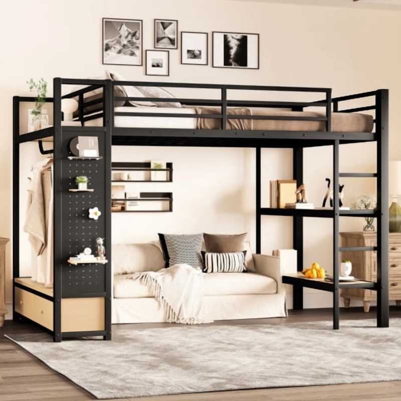 Queen Size Loft Bed Black Metal with Integrated Wardrobe & Stairs