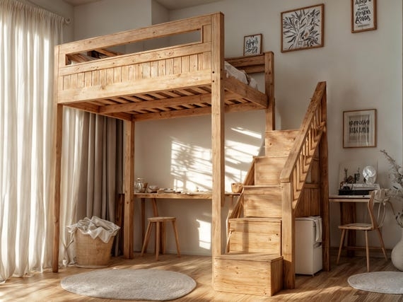 Queen Size Loft Bed Workstation with Storage Staircase and Desk