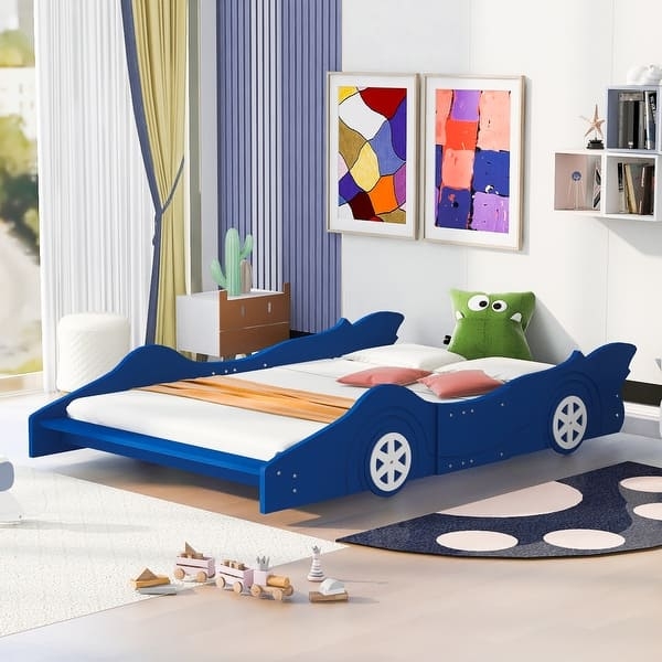 Race Car Bed Blue with Decorative Wheels Playful Toddler Bed