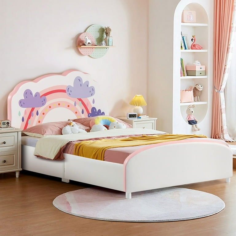 Rainbow Pattern Upholstered Kids Bed, Whimsical Bedroom Furniture