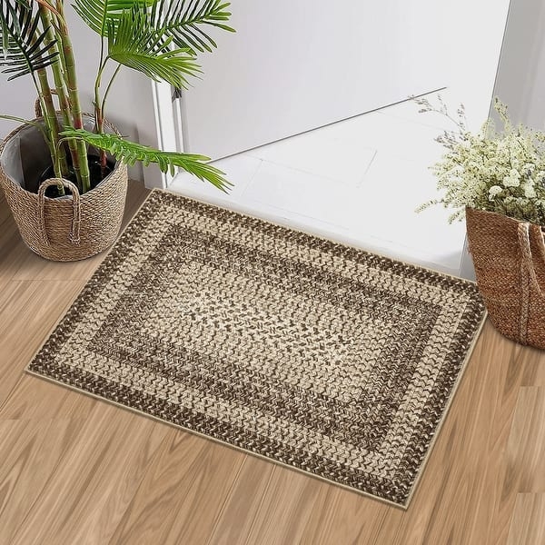 Rectangular Area Rug Gradient Border Braided Print Gray Modern