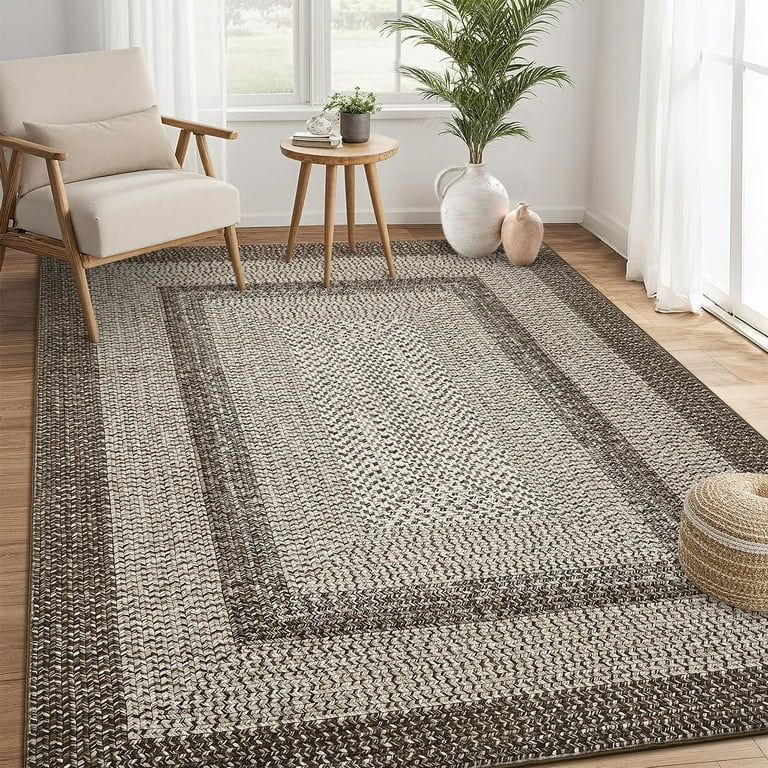 Rectangular Area Rug Printed Braided Texture Navy Blue Border