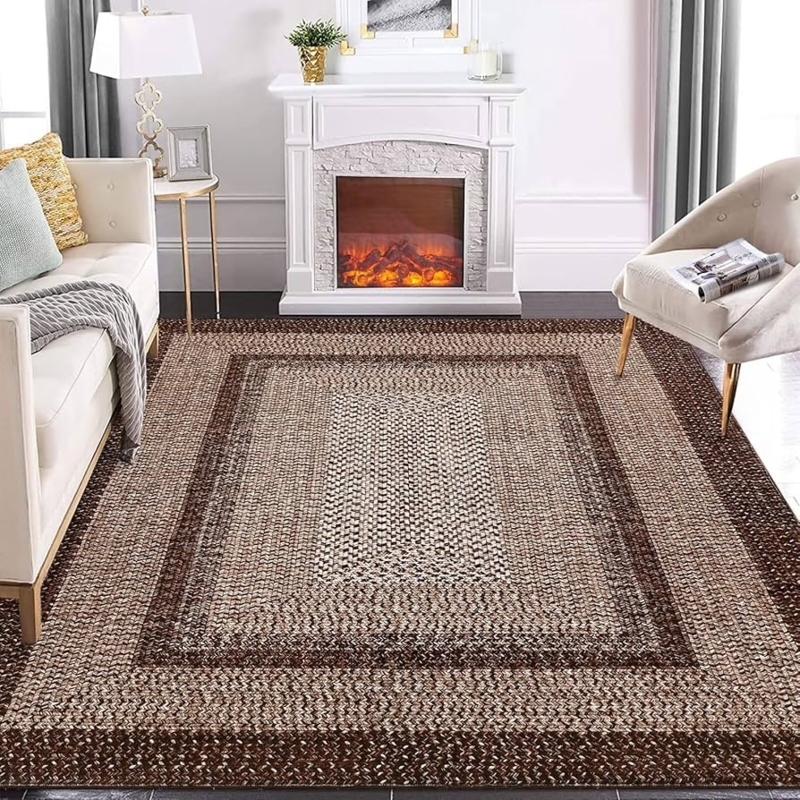 Rectangular Area Rug Washable Braided Brown Farmhouse