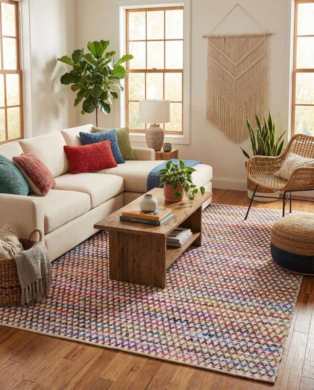 Rectangular Chindi Area Rug Braided Multicolor Concentric Boho