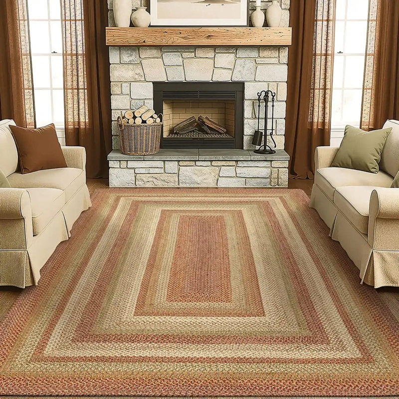 Rectangular Farmhouse Area Rug Braided Jute Rust Sage Earth Tones