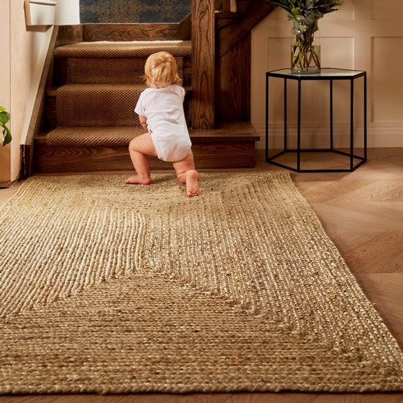Rectangular Jute Area Rug Chunky Braided Natural Fiber Tan
