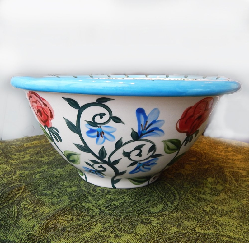 Rectangular Serving Bowl Hand-Painted Floral Bird Motif