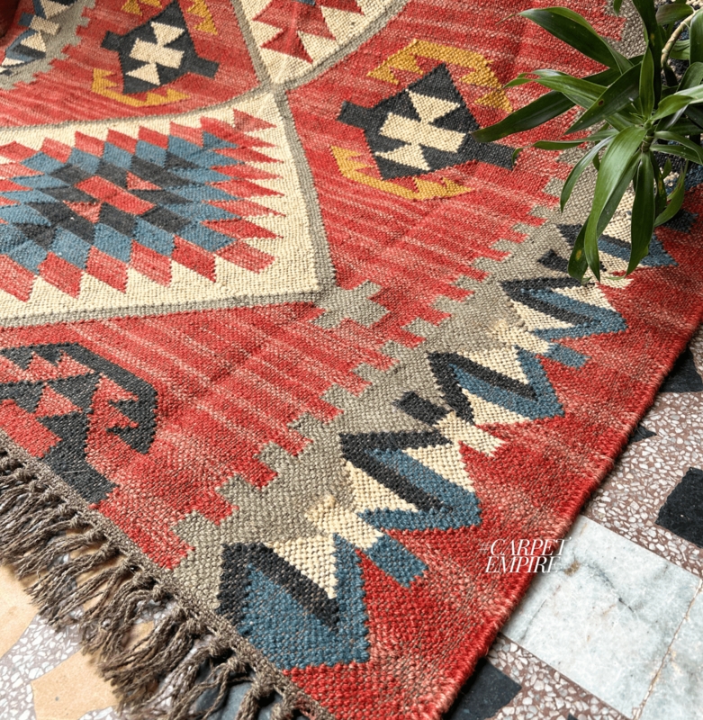 Red Navajo-Style Kilim Area Rug with Stepped Diamond Medallion