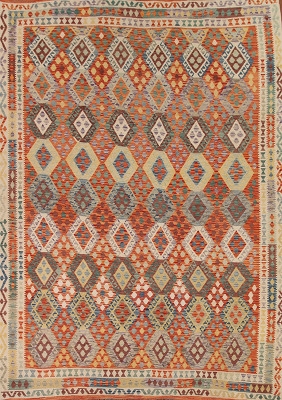 Reversible Navy Geometric Kilim Area Rug with Serrated Diamond Motifs