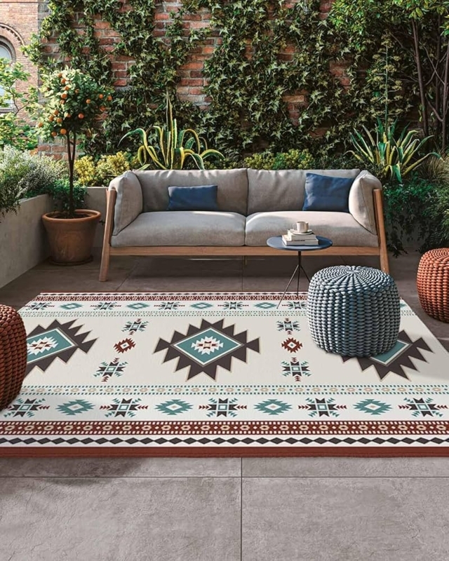 Reversible Outdoor Area Rug Black and Cream Geometric Tribal Pattern