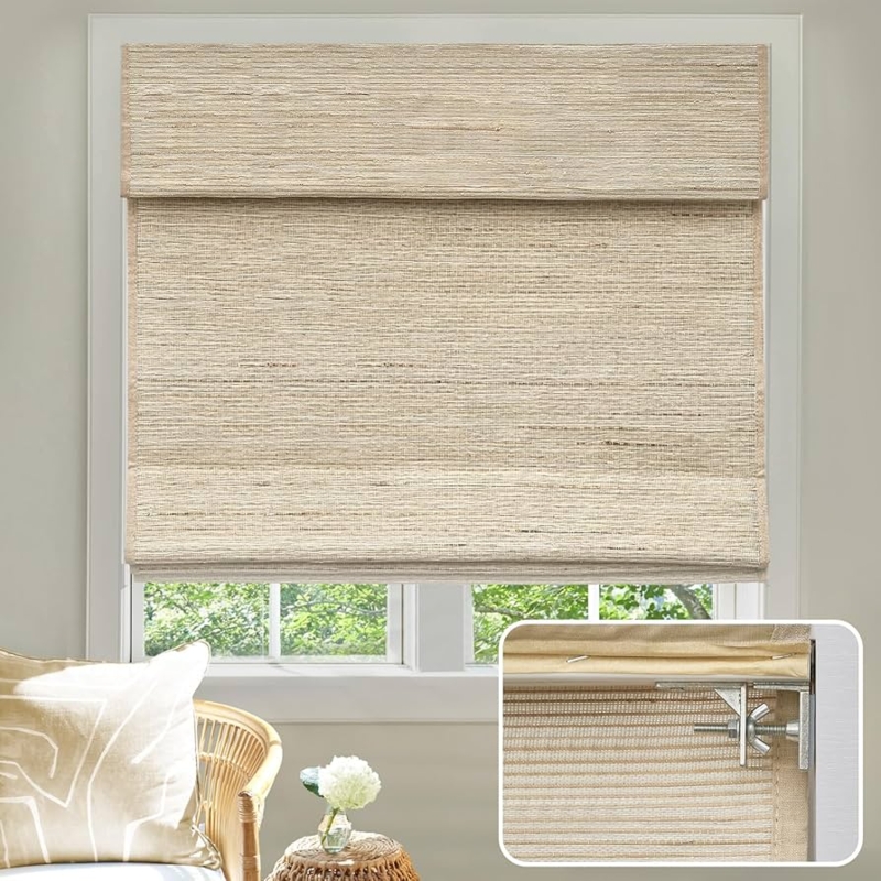 Roman Shade Almond Woven Fabric Cordless No Drill Privacy