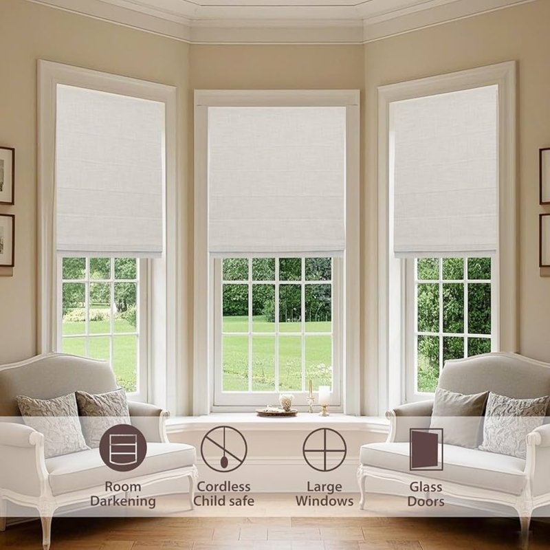 Roman Shade Cordless Beige Linen Look Blackout For Office