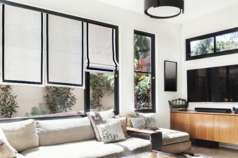 Roman Shade White with Black Border Cordless Blackout Linen Texture