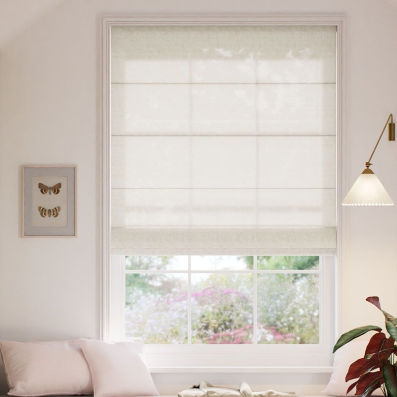 Roman Shades Beige Flat Fold Linen Look Light Filtering Horizontal